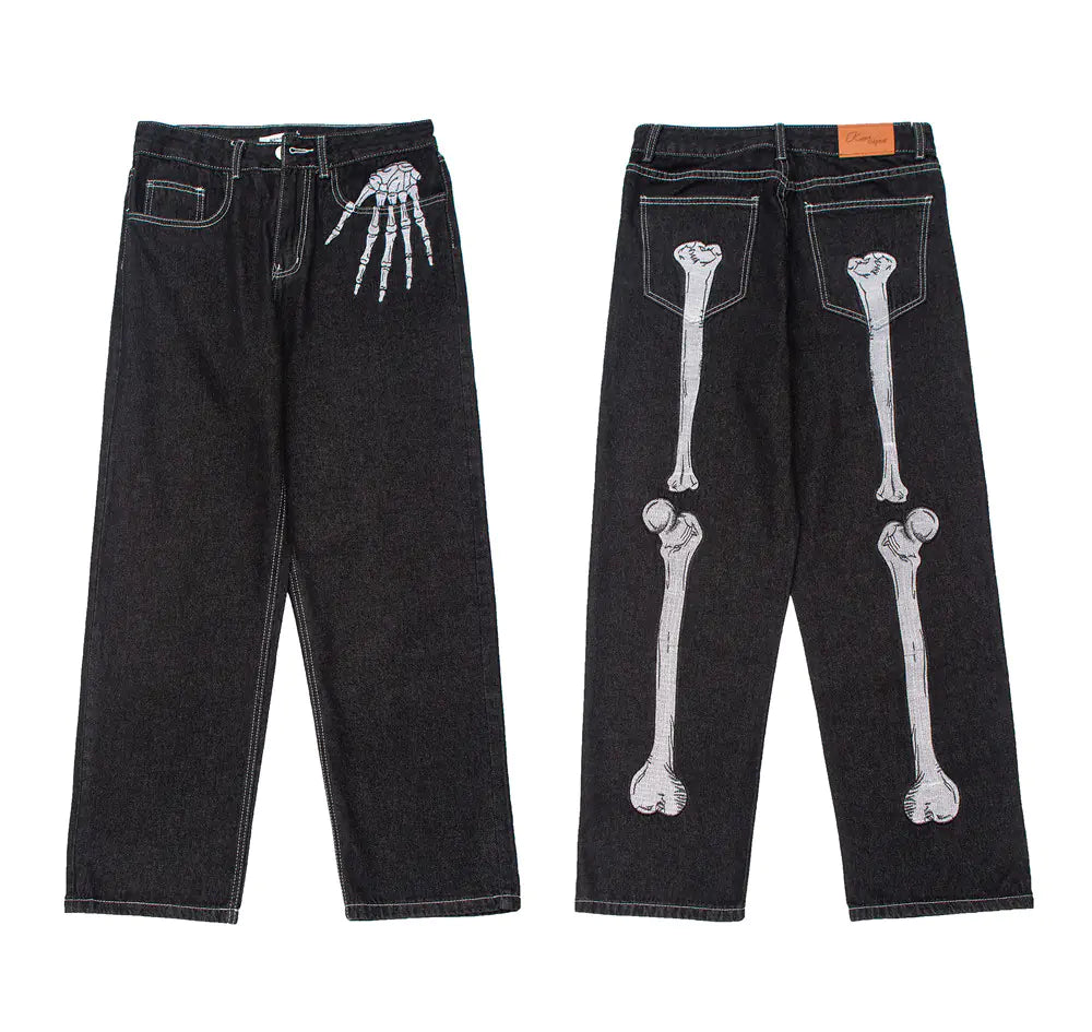 Men's Dark Skeleton Embroidered Jeans