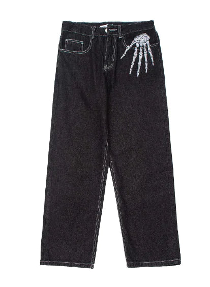 Men's Dark Skeleton Embroidered Jeans