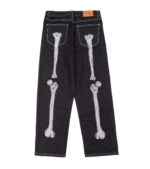 Men's Dark Skeleton Embroidered Jeans